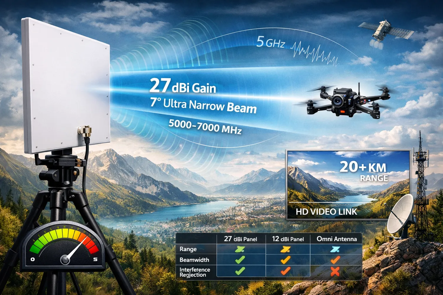 Панельная антенна 27 дБи 5–7 ГГц для экстремально дальних FPV и UAV миссий
